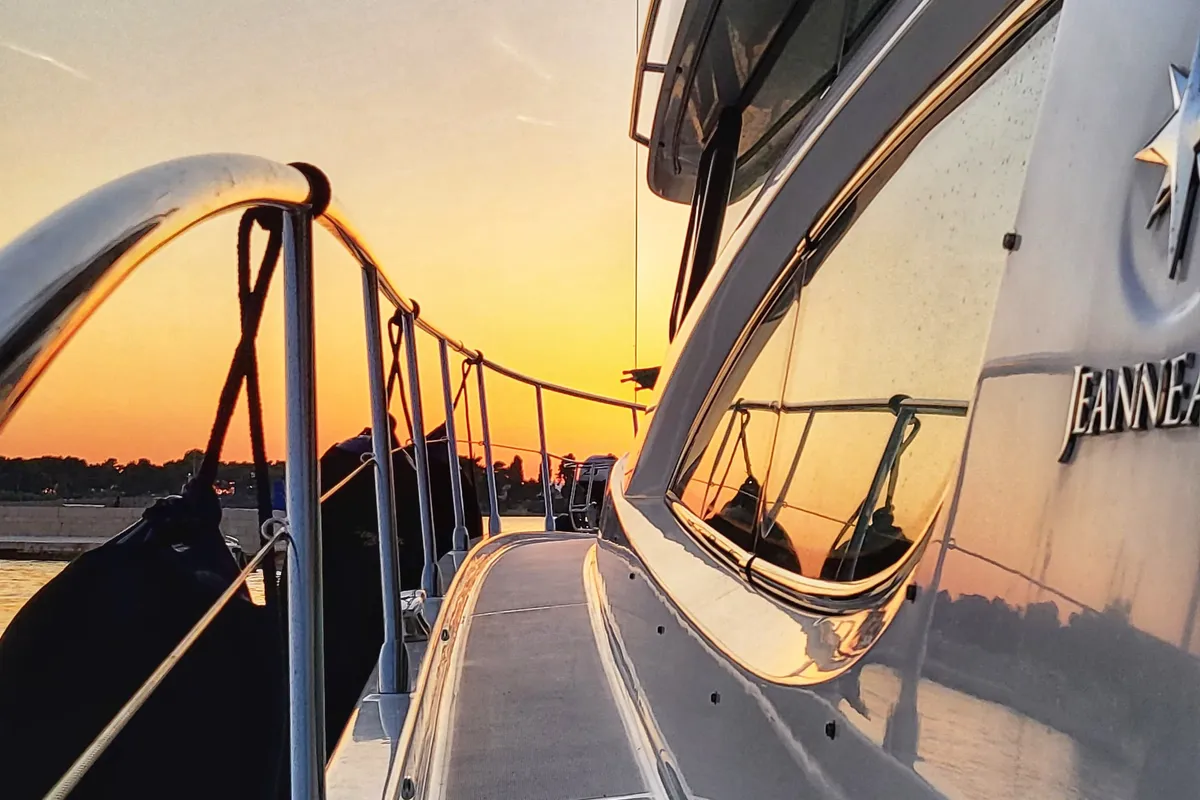 Deck of UNPLUGGED, a Prestige 46 Fly motor yacht at Split, Croatia