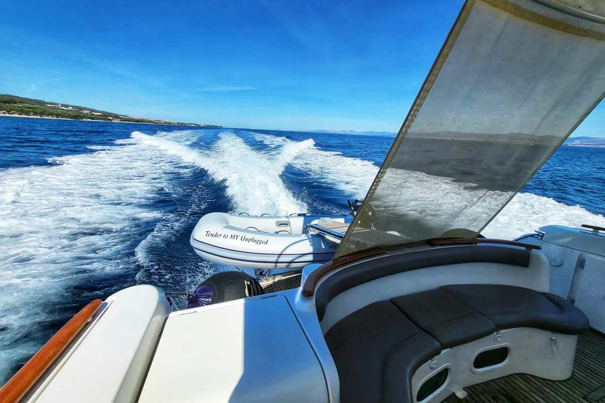 Deck of UNPLUGGED, a Prestige 46 Fly motor yacht at Split, Croatia