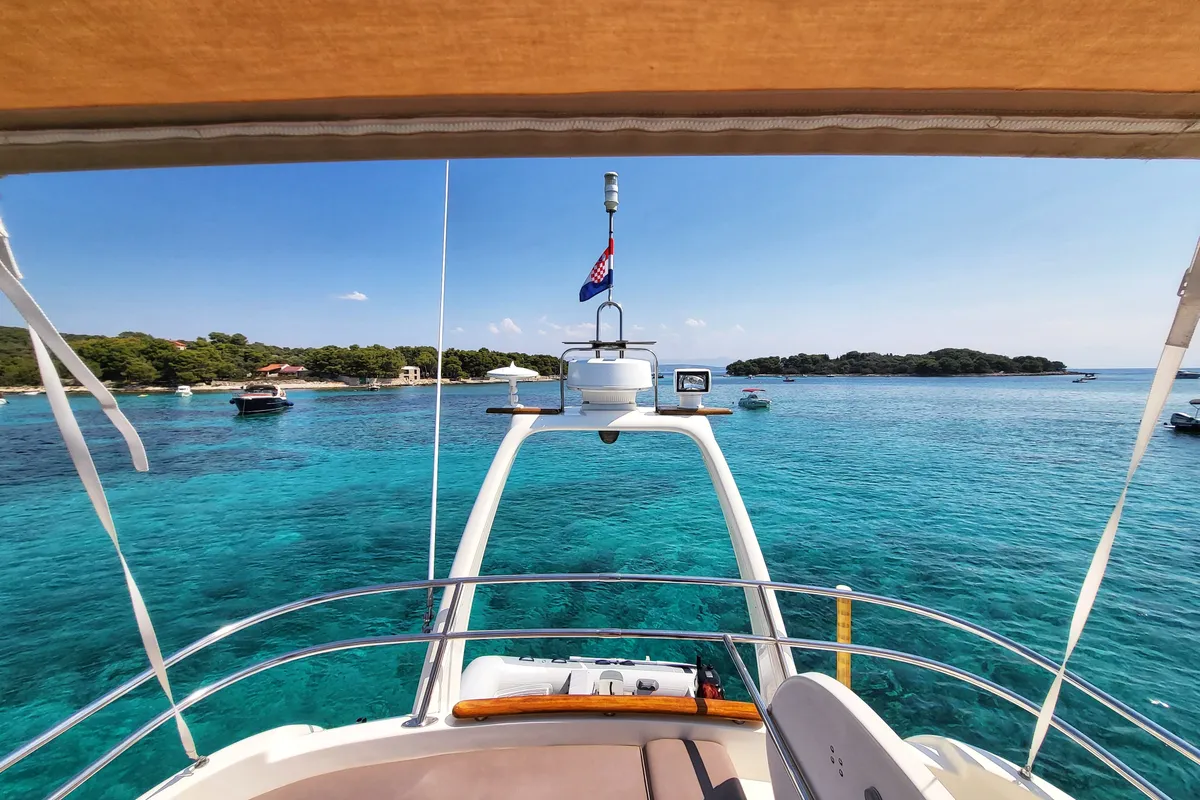 Deck of UNPLUGGED, a Prestige 46 Fly motor yacht at Split, Croatia