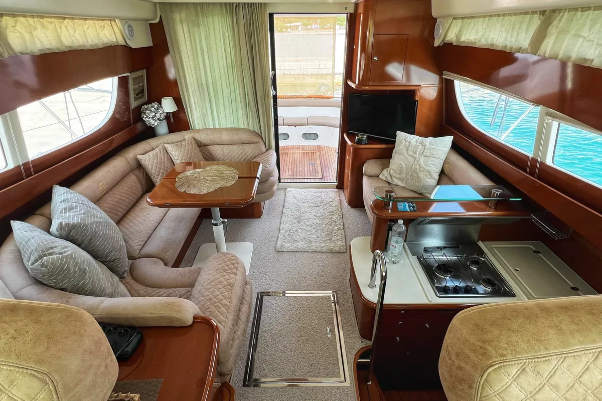 Galley of UNPLUGGED, a Prestige 46 Fly motor yacht at Split, Croatia