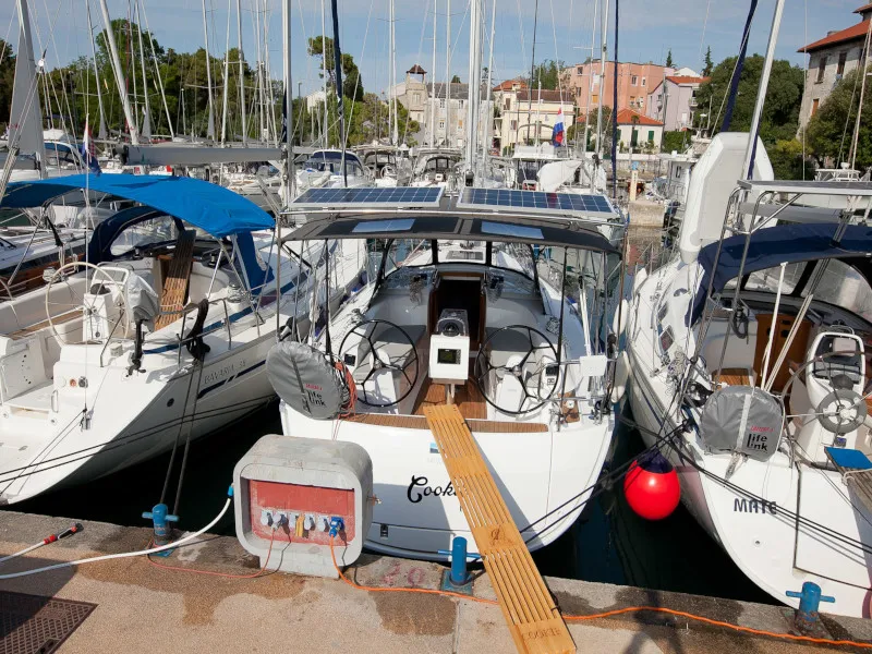Exterior view of Cookie, a Bavaria Cruiser 34 Style sailboat at Zadar, Croatia