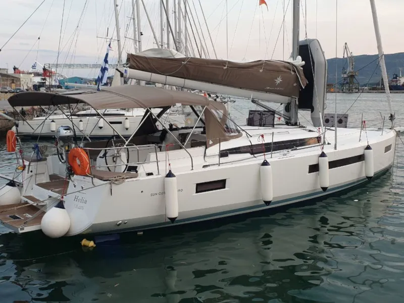 Exterior view of Helia, a Jeanneau Sun Odyssey 490 sailboat at Volos Municipality, Greece
