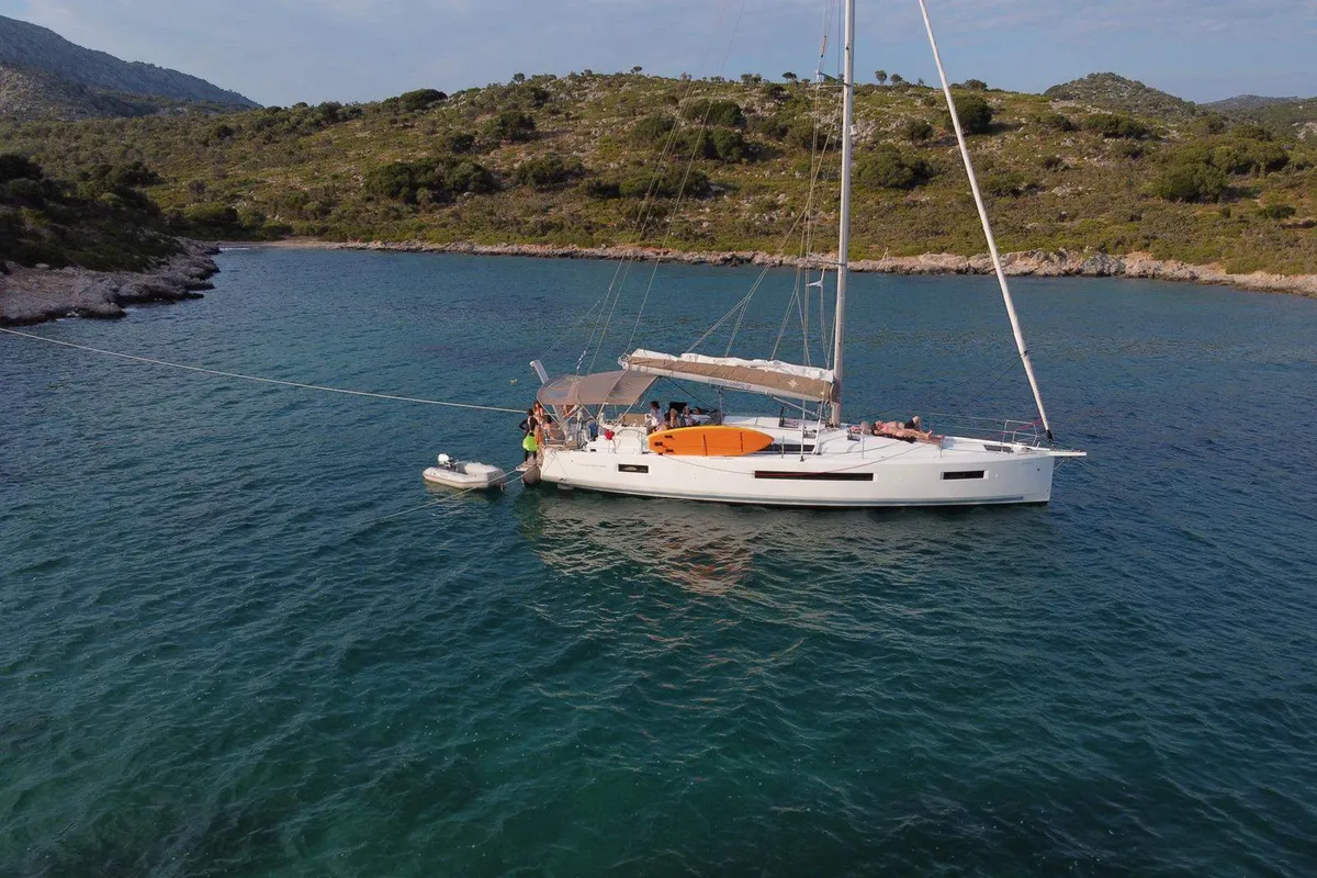 Exterior view of Helia, a Jeanneau Sun Odyssey 490 sailboat at Volos Municipality, Greece