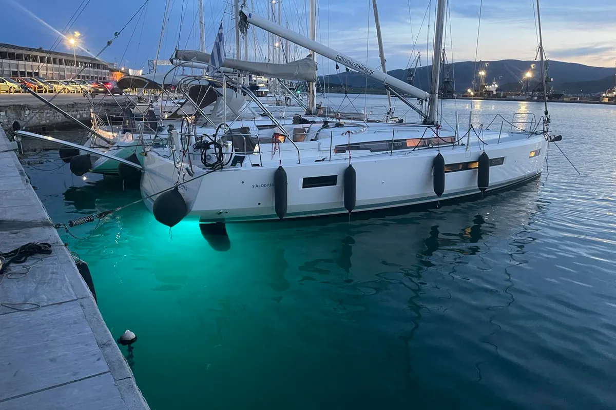Exterior view of Helia, a Jeanneau Sun Odyssey 490 sailboat at Volos Municipality, Greece