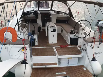 Cockpit of Helia, a Jeanneau Sun Odyssey 490 sailboat at Volos Municipality, Greece