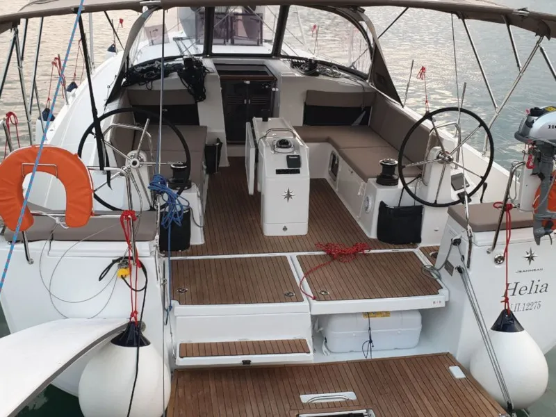 Cockpit of Helia, a Jeanneau Sun Odyssey 490 sailboat at Volos Municipality, Greece