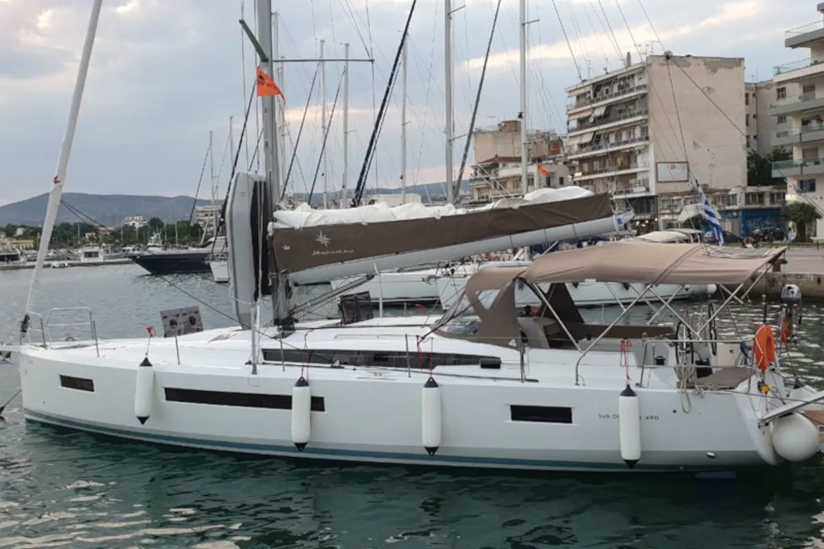 Exterior view of Helia, a Jeanneau Sun Odyssey 490 sailboat at Volos Municipality, Greece
