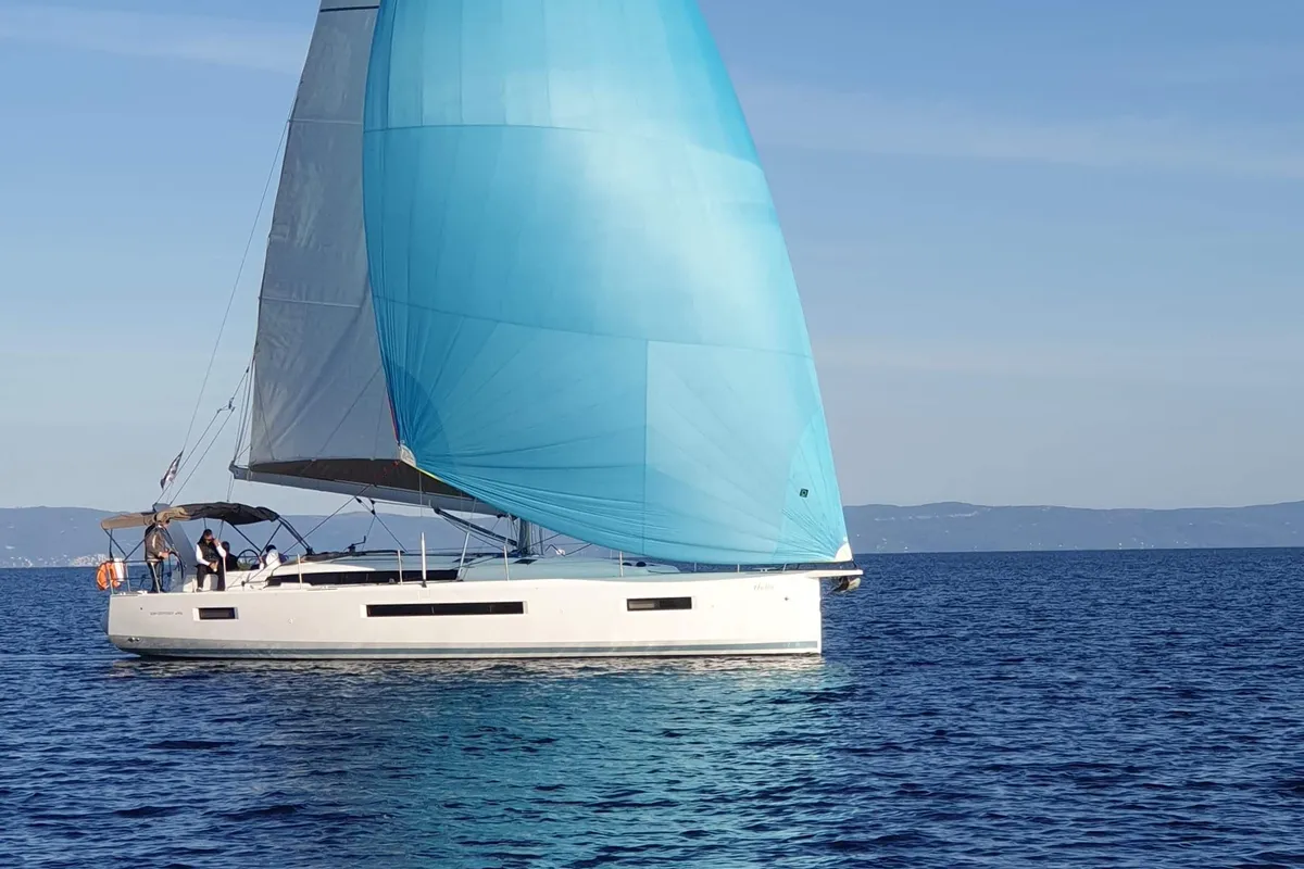 Exterior view of Helia, a Jeanneau Sun Odyssey 490 sailboat at Volos Municipality, Greece