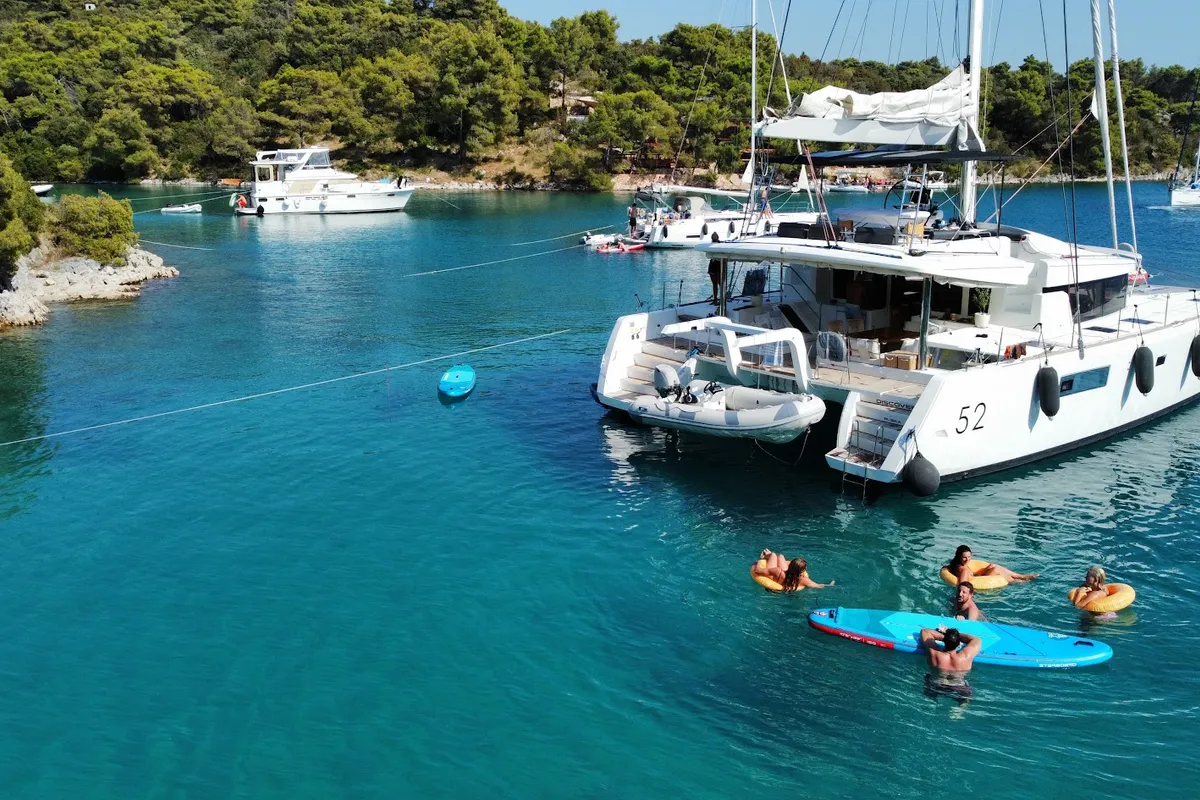 Exterior view of Discovery I, a Lagoon 52F catamaran at Općina Marina, Croatia