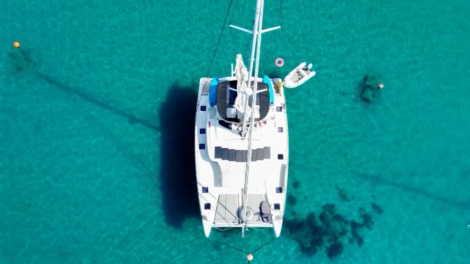 Exterior view of Discovery I, a Lagoon 52F catamaran at Općina Marina, Croatia