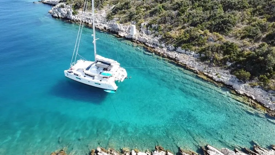 Exterior view of Discovery I, a Lagoon 52F catamaran at Općina Marina, Croatia