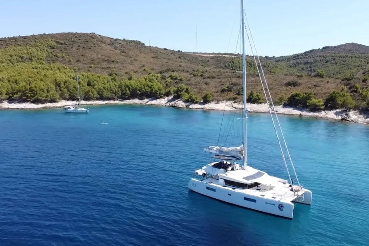 Exterior view of Discovery I, a Lagoon 52F catamaran at Općina Marina, Croatia