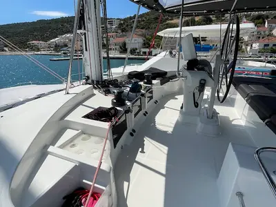 Cockpit of Discovery I, a Lagoon 52F catamaran at Općina Marina, Croatia