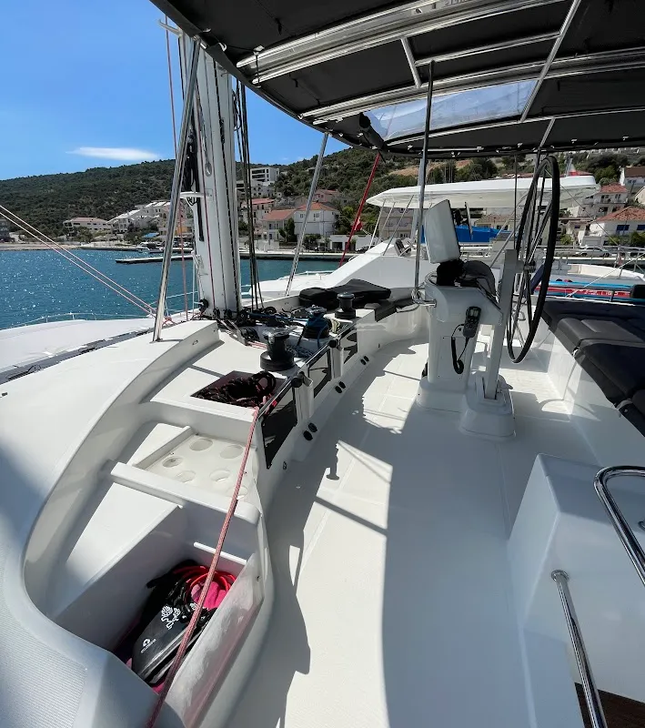 Cockpit of Discovery I, a Lagoon 52F catamaran at Općina Marina, Croatia