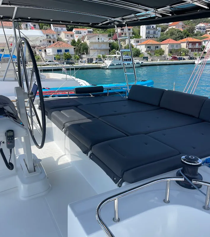 Deck of Discovery I, a Lagoon 52F catamaran at Općina Marina, Croatia