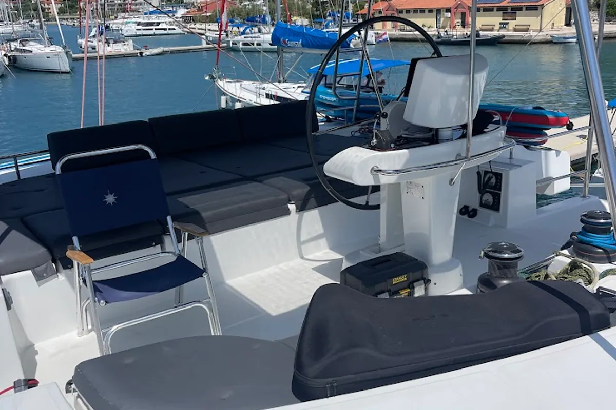 Cockpit of Discovery I, a Lagoon 52F catamaran at Općina Marina, Croatia