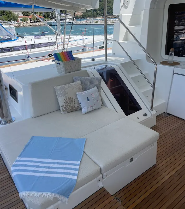 Deck of Discovery I, a Lagoon 52F catamaran at Općina Marina, Croatia