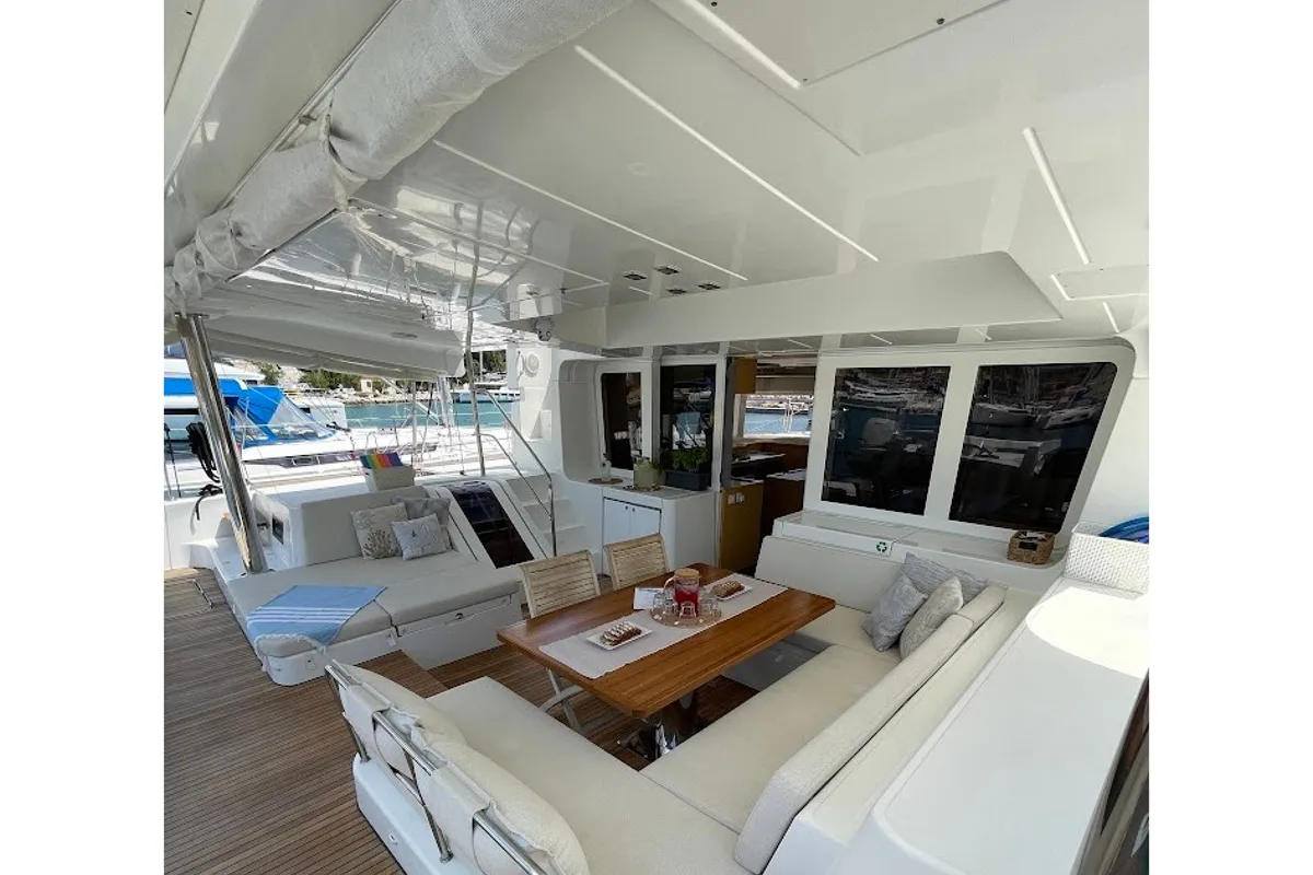 Deck of Discovery I, a Lagoon 52F catamaran at Općina Marina, Croatia