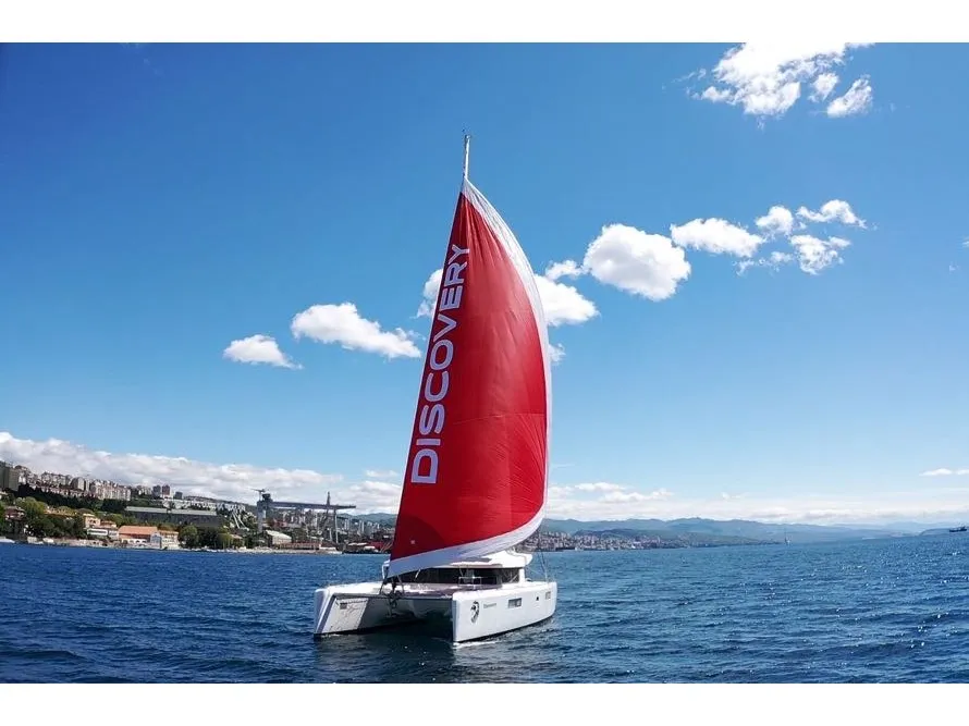 Exterior view of Discovery I, a Lagoon 52F catamaran at Općina Marina, Croatia