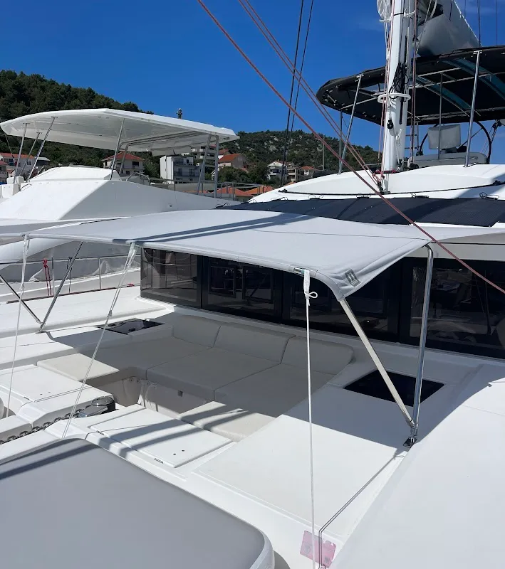 Deck of Discovery I, a Lagoon 52F catamaran at Općina Marina, Croatia