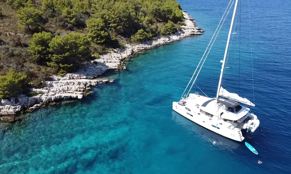 Exterior view of Discovery I, a Lagoon 52F catamaran at Općina Marina, Croatia