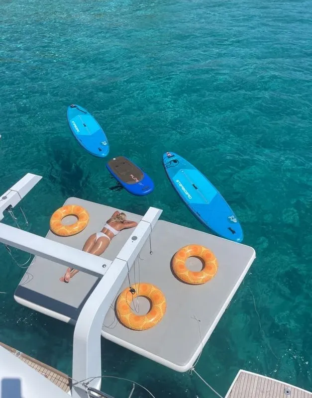 Exterior view of Discovery I, a Lagoon 52F catamaran at Općina Marina, Croatia