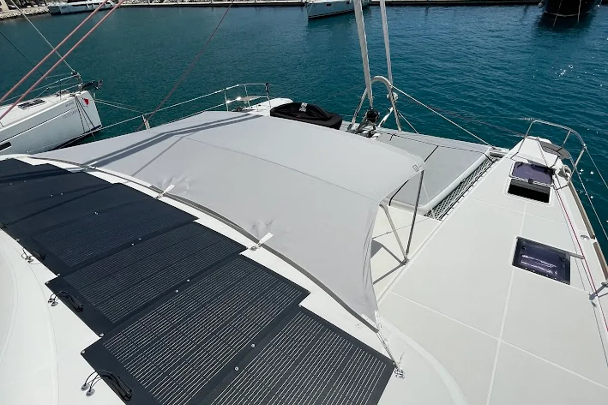 Deck of Discovery I, a Lagoon 52F catamaran at Općina Marina, Croatia