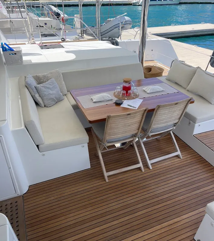 Deck of Discovery I, a Lagoon 52F catamaran at Općina Marina, Croatia