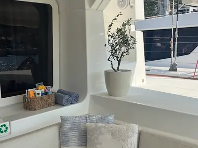 Deck of Discovery I, a Lagoon 52F catamaran at Općina Marina, Croatia
