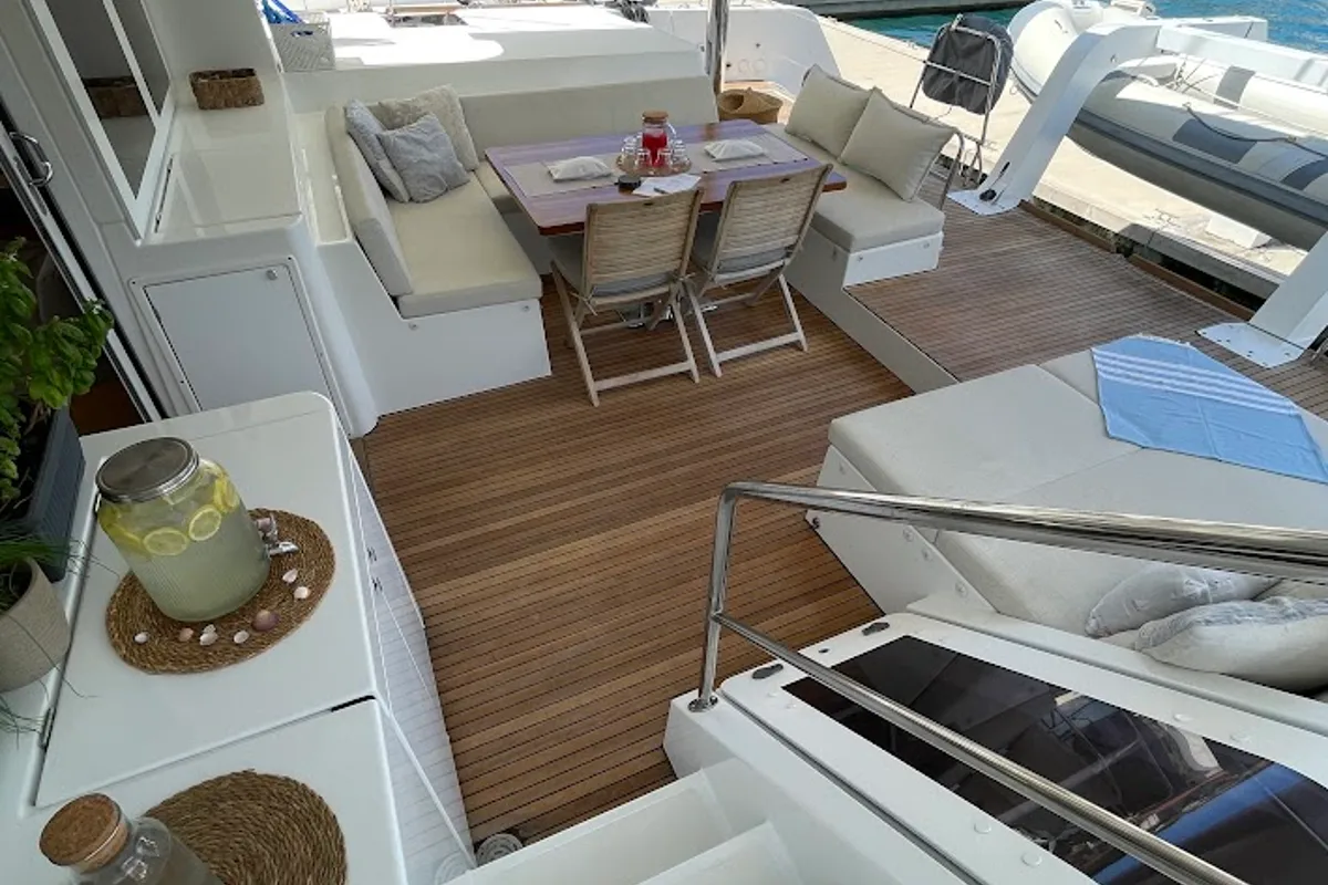 Deck of Discovery I, a Lagoon 52F catamaran at Općina Marina, Croatia