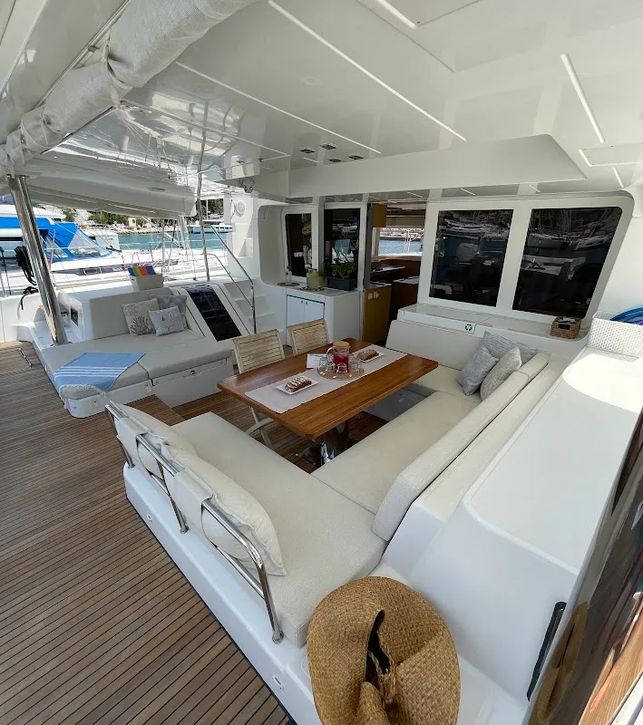 Deck of Discovery I, a Lagoon 52F catamaran at Općina Marina, Croatia