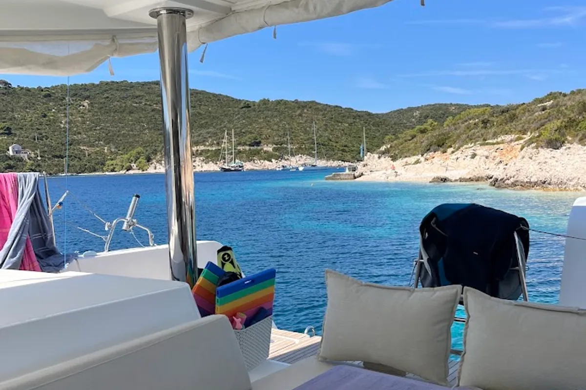 Deck of Discovery I, a Lagoon 52F catamaran at Općina Marina, Croatia