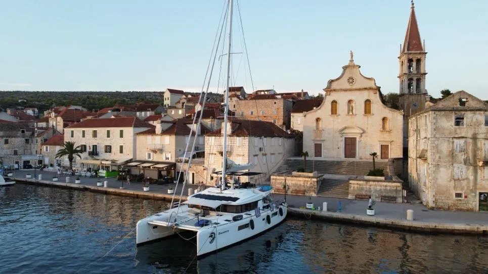 Exterior view of Discovery I, a Lagoon 52F catamaran at Općina Marina, Croatia