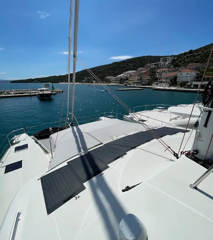 Deck of Discovery I, a Lagoon 52F catamaran at Općina Marina, Croatia