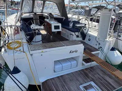 Cockpit of Karla, a Dufour 430 sailboat at Split, Croatia