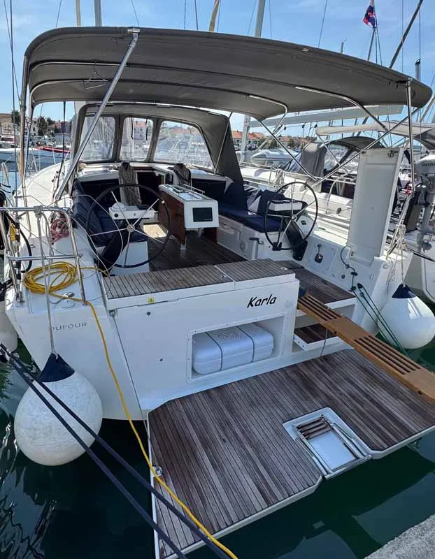 Cockpit of Karla, a Dufour 430 sailboat at Split, Croatia