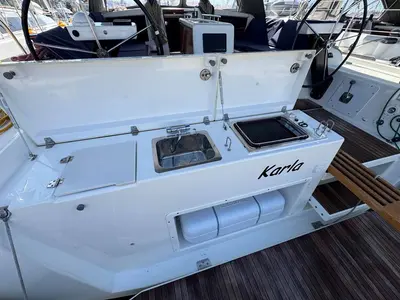 Deck of Karla, a Dufour 430 sailboat at Split, Croatia