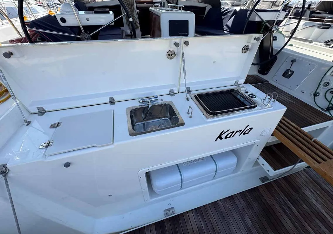 Deck of Karla, a Dufour 430 sailboat at Split, Croatia