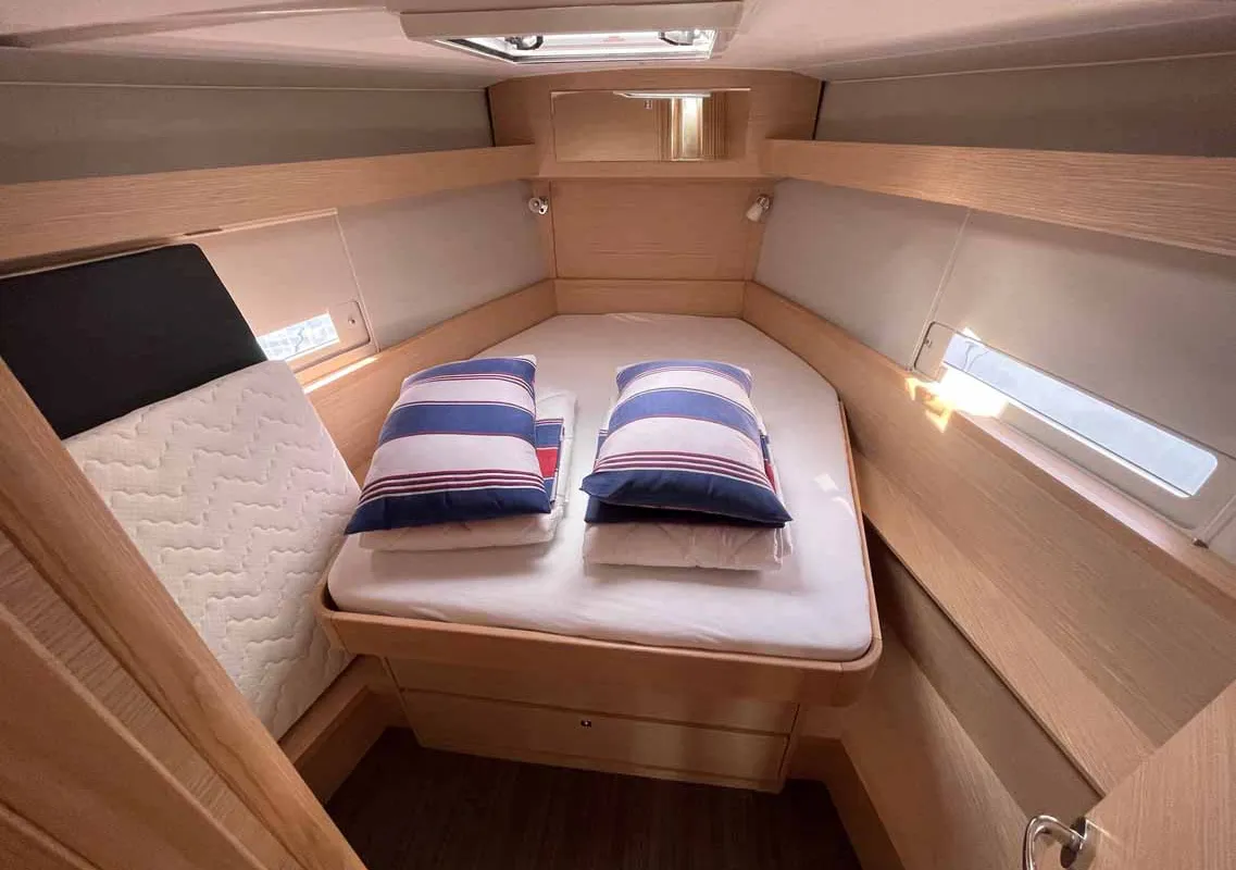 Cabin on Karla, a Dufour 430 sailboat at Split, Croatia