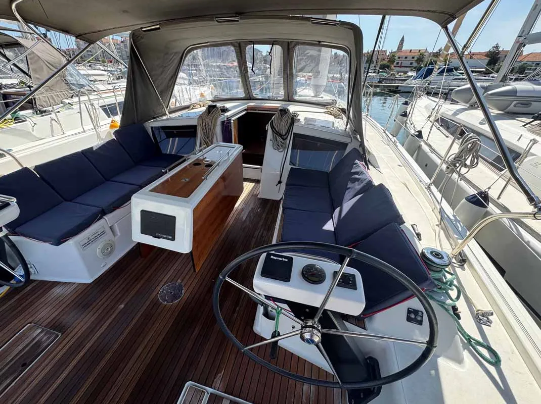 Cockpit of Karla, a Dufour 430 sailboat at Split, Croatia