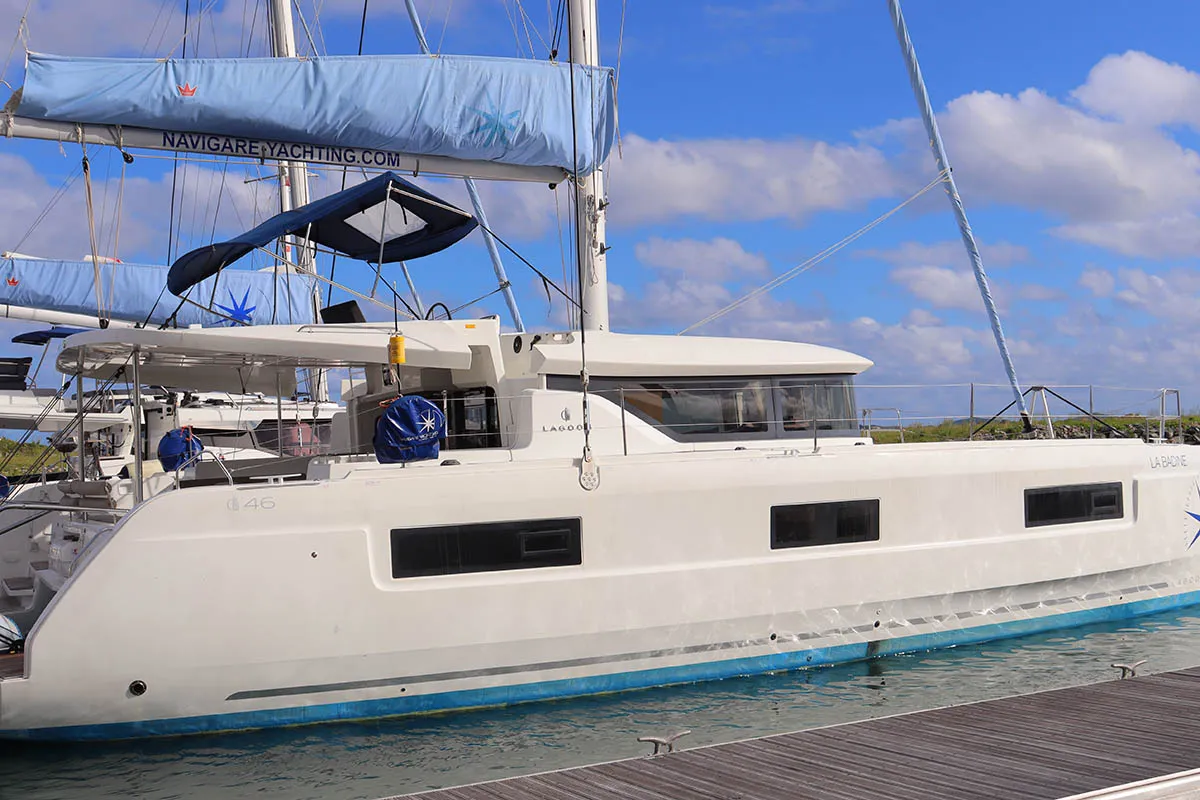 Exterior view of La Badine, a Lagoon 46 catamaran at Road Town, British Virgin Islands