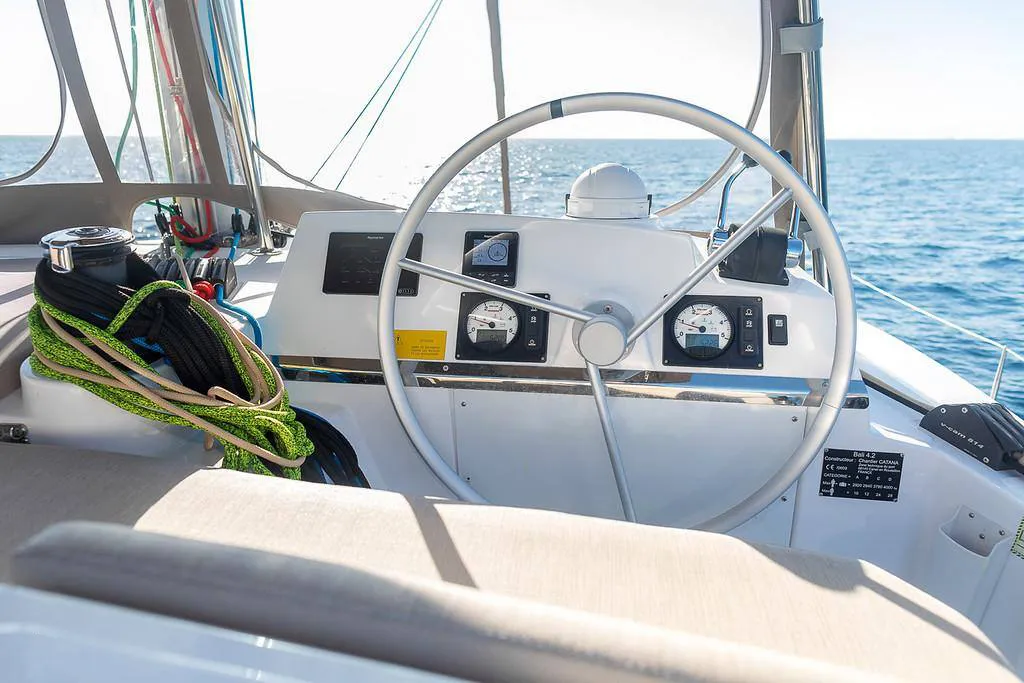 Cockpit of Kos 42.6, a Bali 4.2 catamaran at Sipias Municipal Unit, Greece