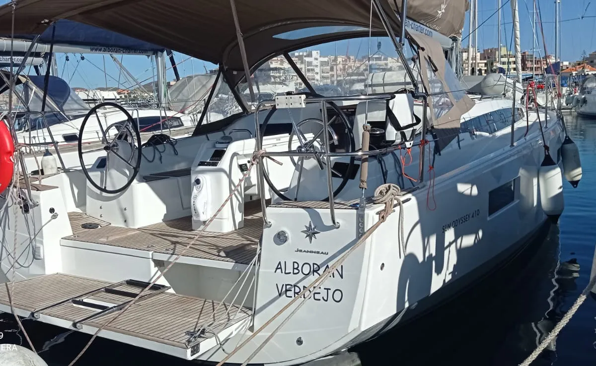 Exterior view of Verdejo (Las Galletas), a Jeanneau Sun Odyssey 410 sailboat at Elephant Butte Estates, United States