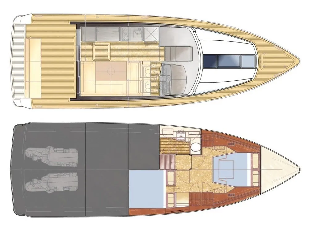 Floor plan of Shine IV, a Fjord 40 Cruiser motorboat at Kontokali, Greece