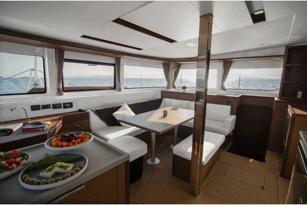 Salon of Golden Promise , a Lagoon 46 catamaran at Athens, Greece