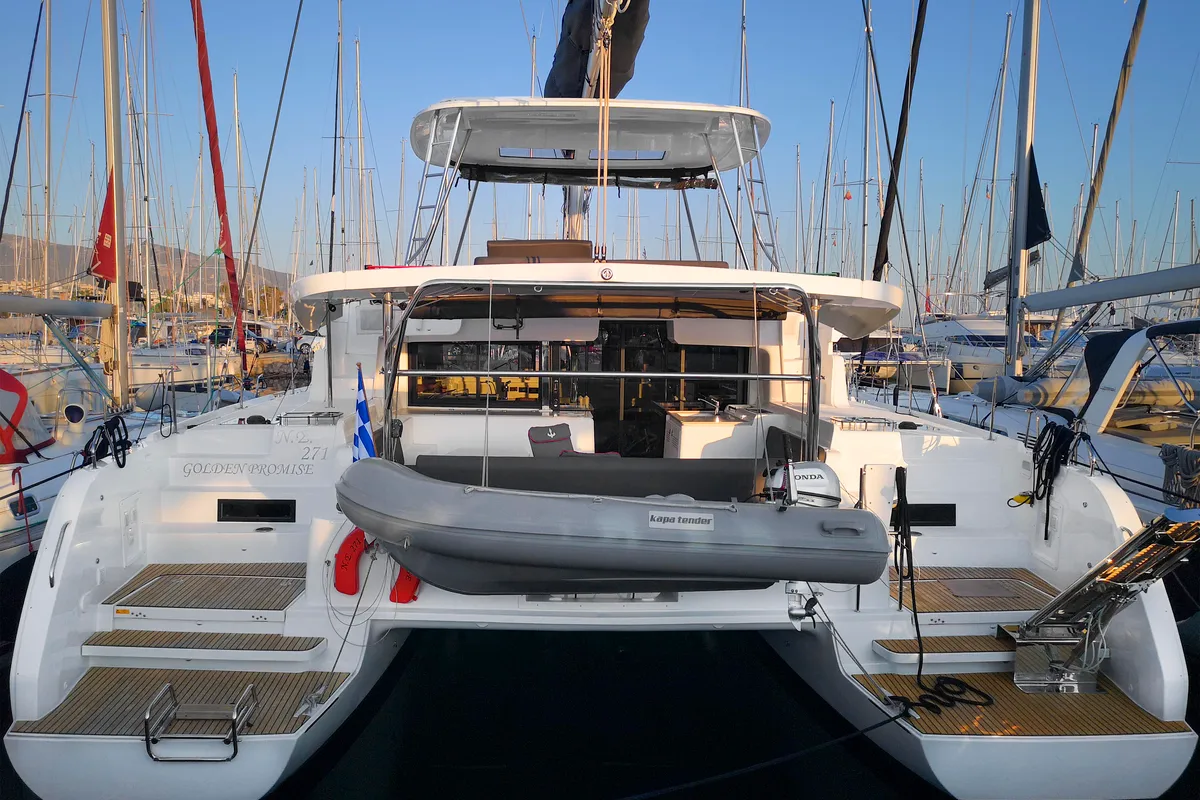 Exterior view of Golden Promise , a Lagoon 46 catamaran at Athens, Greece