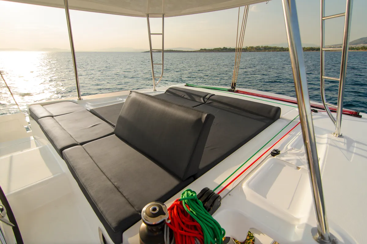 Deck of Golden Promise , a Lagoon 46 catamaran at Athens, Greece