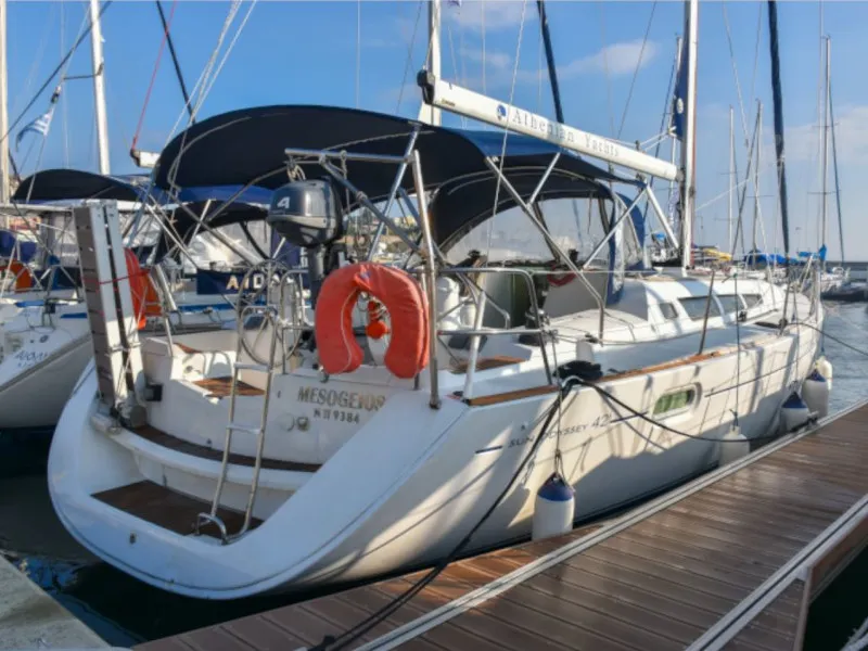 Exterior view of Mesogeios, a Jeanneau Sun Odyssey 42 i sailboat at Kavala, Greece