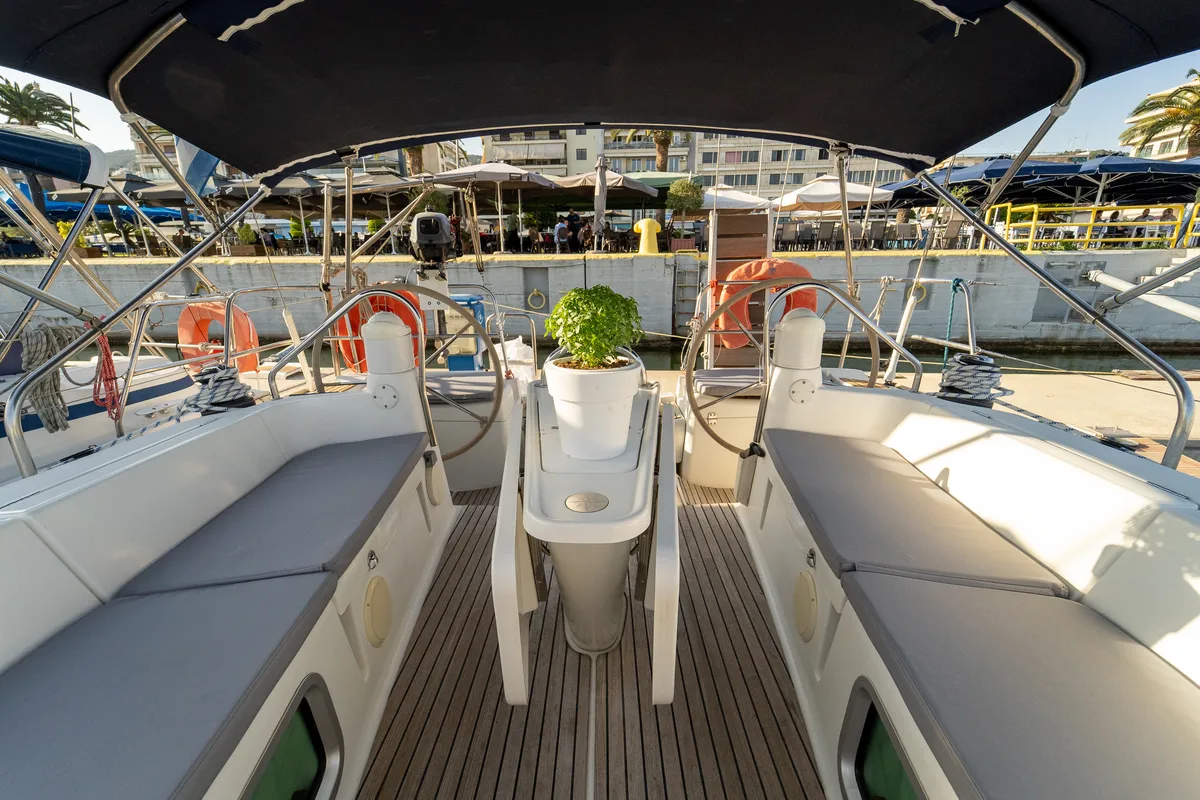 Cockpit of Mesogeios, a Jeanneau Sun Odyssey 42 i sailboat at Kavala, Greece