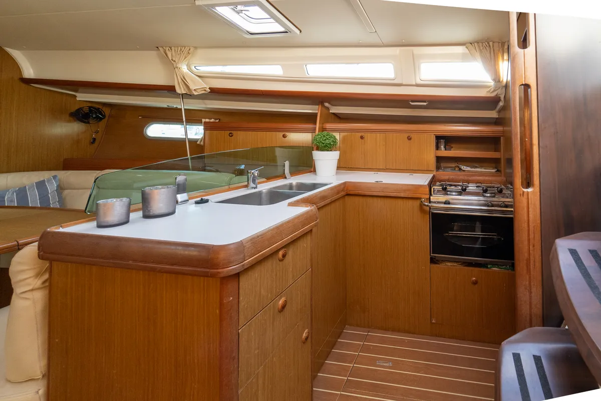 Galley of Mesogeios, a Jeanneau Sun Odyssey 42 i sailboat at Kavala, Greece